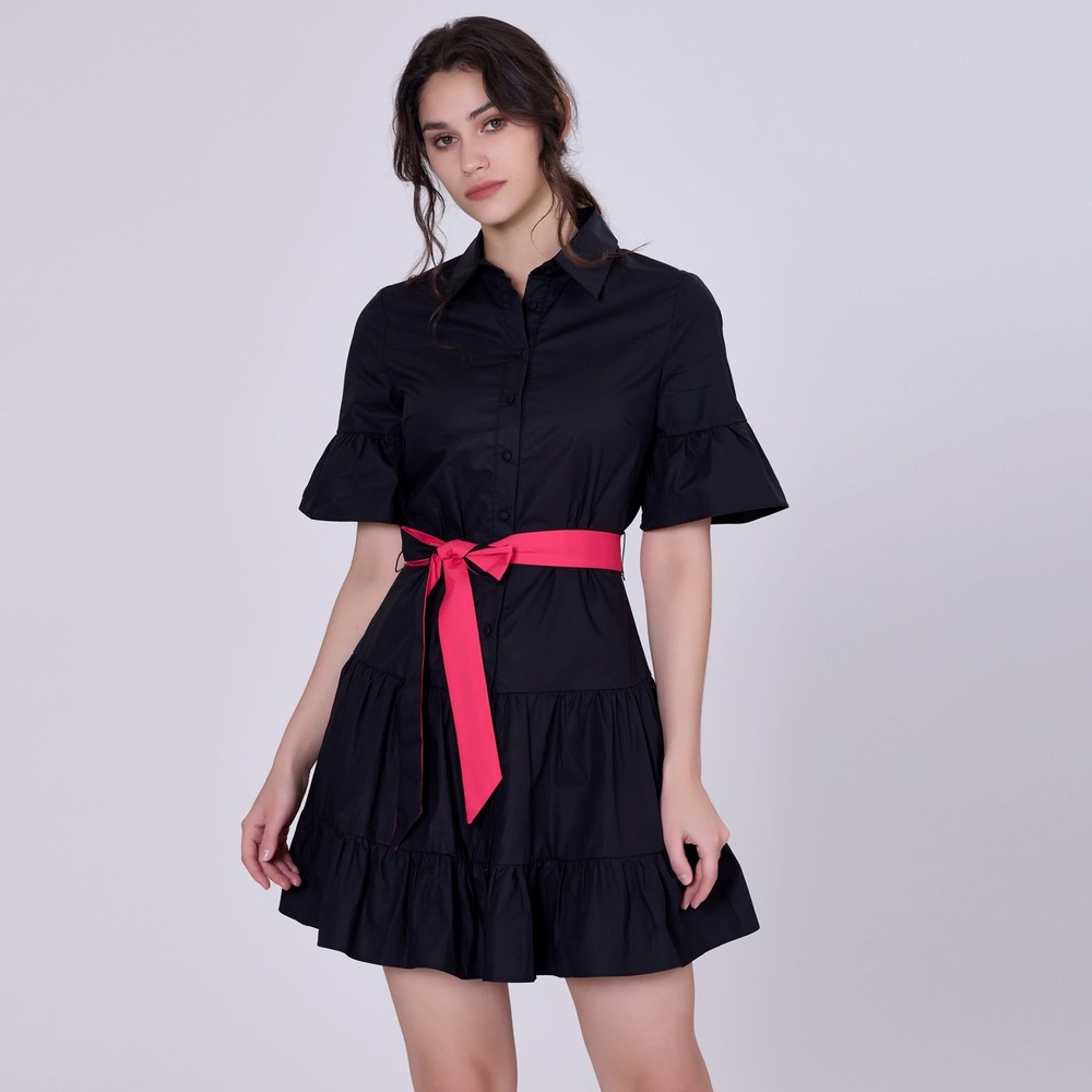 SmartandJoy S&J Weekend Black Tiered Cotton Shirt Dress Pink Belt NWT Size S